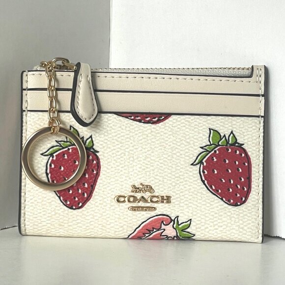 Coach Mini Skinny ID Wallet CAR17 Strawberry Print White Red Leather Keyring - Picture 6 of 10